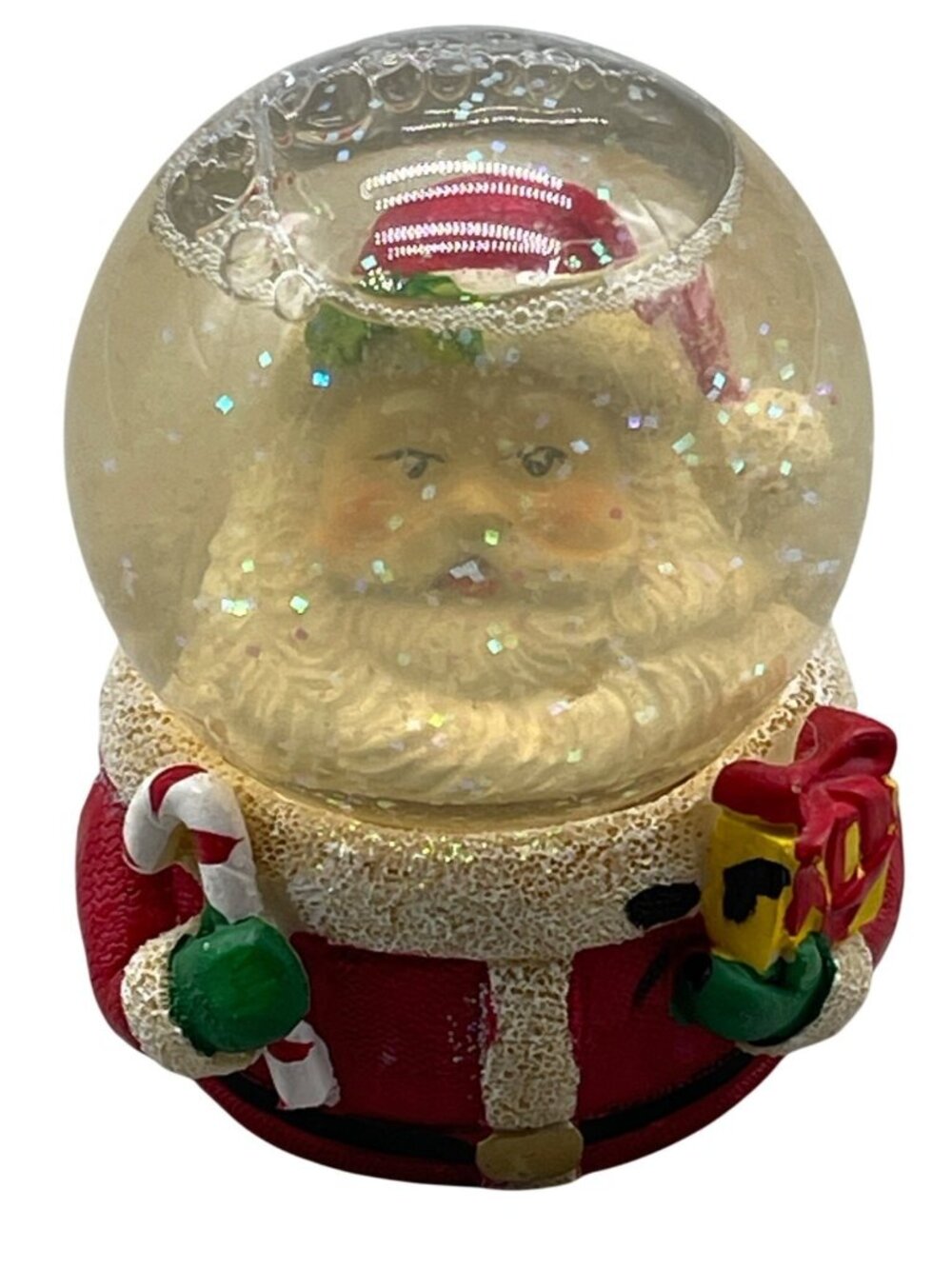 vintage Santa Claus snow globe Christmas decor red candy cane present green READ